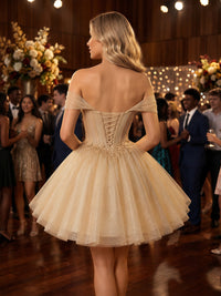Tulle A-Line/Princess Off Shoulder Short Homecoming Dresses with Corset Bodice