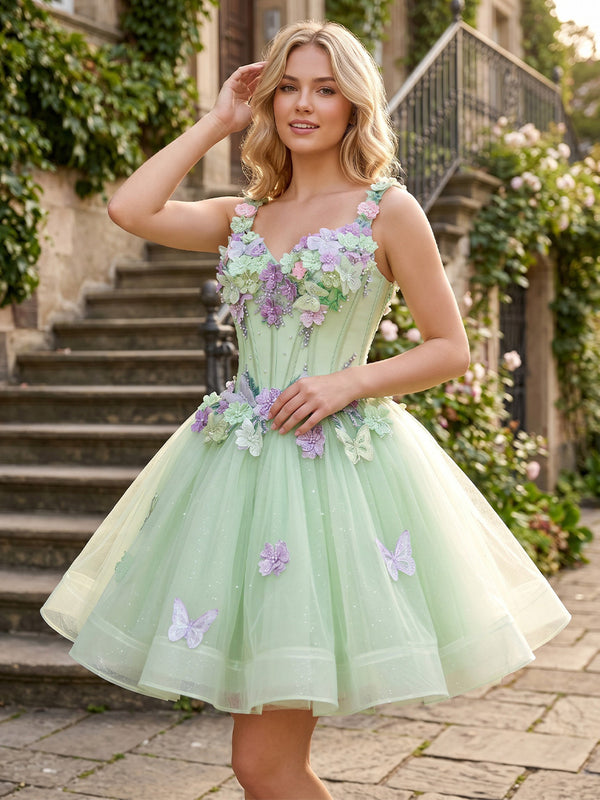 Tulle A-Line/Princess Spaghetti Straps Short Homecoming Dresses with 3D Flowers, Coeset Bodice & Pleats