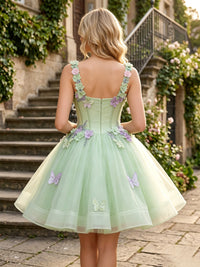 Tulle A-Line/Princess Spaghetti Straps Short Homecoming Dresses with 3D Flowers, Coeset Bodice & Pleats
