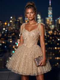 Sequin A-Line/Princess Spaghetti Straps Short Homecoming Dresses with 3D Flowers & Pleats
