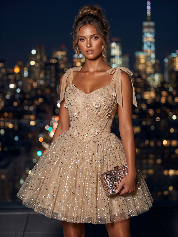 Sequin A-Line/Princess Spaghetti Straps Short Homecoming Dresses with 3D Flowers & Pleats