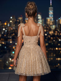 Sequin A-Line/Princess Spaghetti Straps Short Homecoming Dresses with 3D Flowers & Pleats
