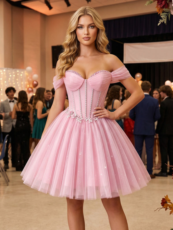 Tulle A-Line/Princess Off Shoulder Short Homecoming Dresses with 3D Flowers, Corset Bodice & Pleats