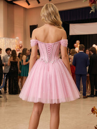 Tulle A-Line/Princess Off Shoulder Short Homecoming Dresses with 3D Flowers, Corset Bodice & Pleats