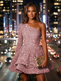 Sequin A-Line/Princess One Shoulder Short Homecoming Dresses with Tiered Layers & Pleats