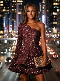 Sequin A-Line/Princess One Shoulder Short Homecoming Dresses with Tiered Layers & Pleats
