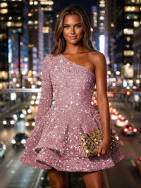 Sequin A-Line/Princess One Shoulder Short Homecoming Dresses with Tiered Layers & Pleats