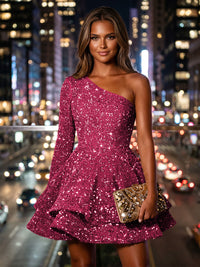 Sequin A-Line/Princess One Shoulder Short Homecoming Dresses with Tiered Layers & Pleats