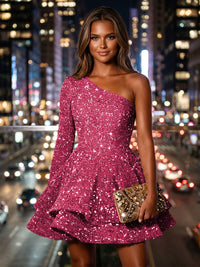 Sequin A-Line/Princess One Shoulder Short Homecoming Dresses with Tiered Layers & Pleats