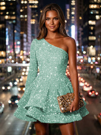 Sequin A-Line/Princess One Shoulder Short Homecoming Dresses with Tiered Layers & Pleats