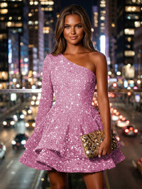 Sequin A-Line/Princess One Shoulder Short Homecoming Dresses with Tiered Layers & Pleats