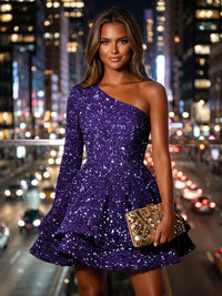 Sequin A-Line/Princess One Shoulder Short Homecoming Dresses with Tiered Layers & Pleats