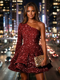 Sequin A-Line/Princess One Shoulder Short Homecoming Dresses with Tiered Layers & Pleats