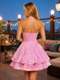 Sequin A-Line/Princess Halter Short Homecoming Dresses with Ruffles & Pleats
