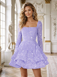 Sequin A-Line/Princess Square Neck Short Homecoming Dresses with Ruffles & Pleats