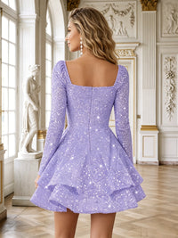 Sequin A-Line/Princess Square Neck Short Homecoming Dresses with Ruffles & Pleats