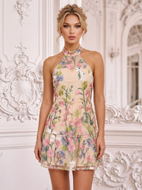 Floral Embroidery A-Line/Princess Halter Short Homecoming Dresses for Women