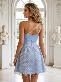 Satin A-Line/Princess One Shoulder Short Homecoming Dresses with Pearls & Ruched