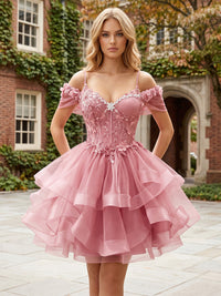 Tulle A-Line/Princess Spaghetti Straps Short Homecoming Dresses with Lace Appliques, Ruffles & Corset