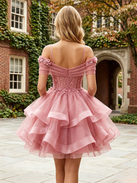 Tulle A-Line/Princess Spaghetti Straps Short Homecoming Dresses with Lace Appliques, Ruffles & Corset
