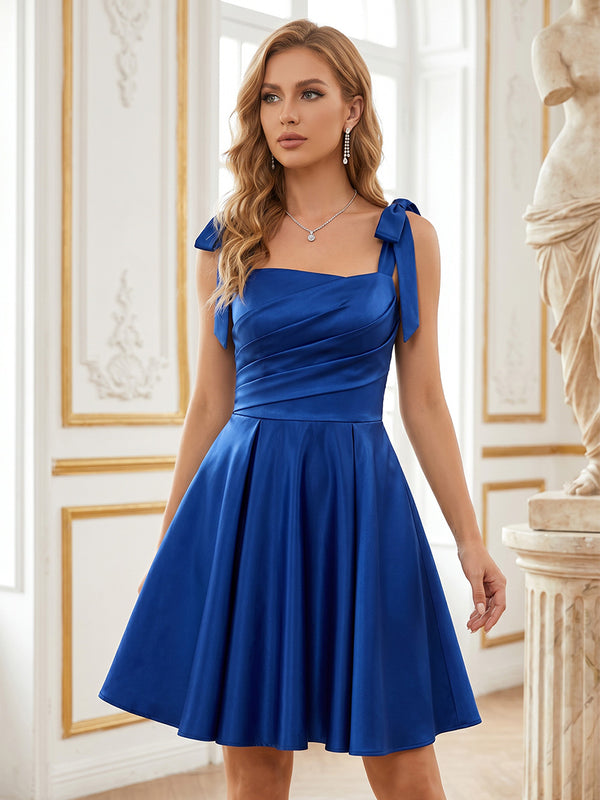 Satin A-Line/Princess Spaghetti Straps Short Homecoming Dresses with Ruched Bodice