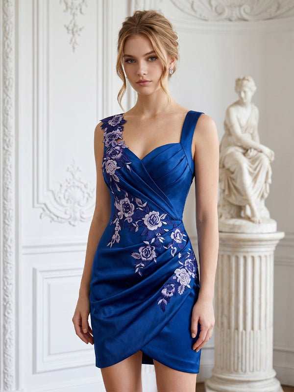 Satin Bodycon Sweetheart Short Homecoming Dresses with Floral Embroidery