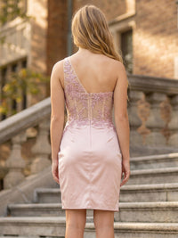 Satin Bodycon One Shoulder Short Homecoming Dresses with Lace Appliques & Pleats