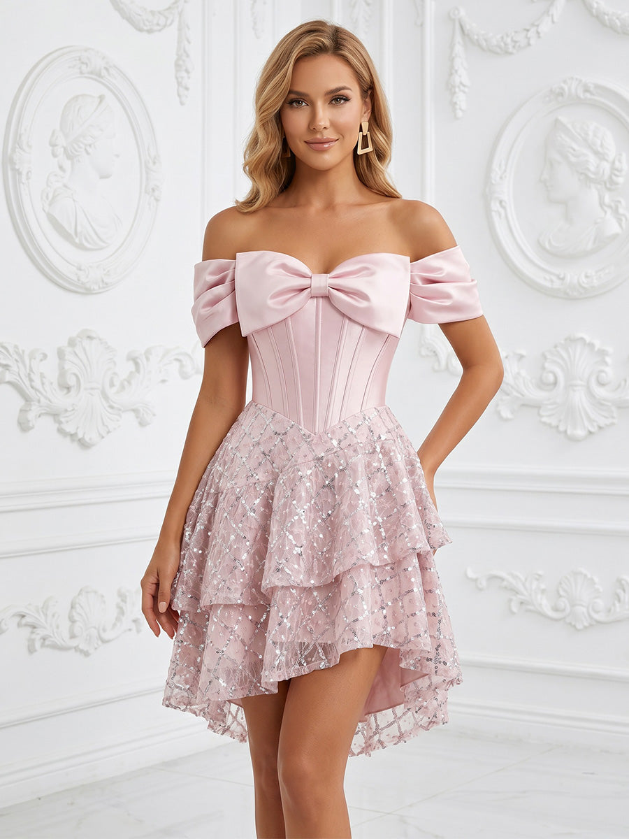 Sequin A-Line/Princess Off Shoulder Short Homecoming Dresses with Corset Bodice & Ruffles