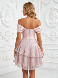 Sequin A-Line/Princess Off Shoulder Short Homecoming Dresses with Corset Bodice & Ruffles