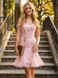 Sequin Floral Mermaid/Trumpet Off Shoulder Short Homecoming Dresses with Corset Bodice