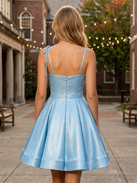 Metallic Satin A-Line/Princess Spaghetti Straps Short Homecoming Dresses with Ruched Bodice