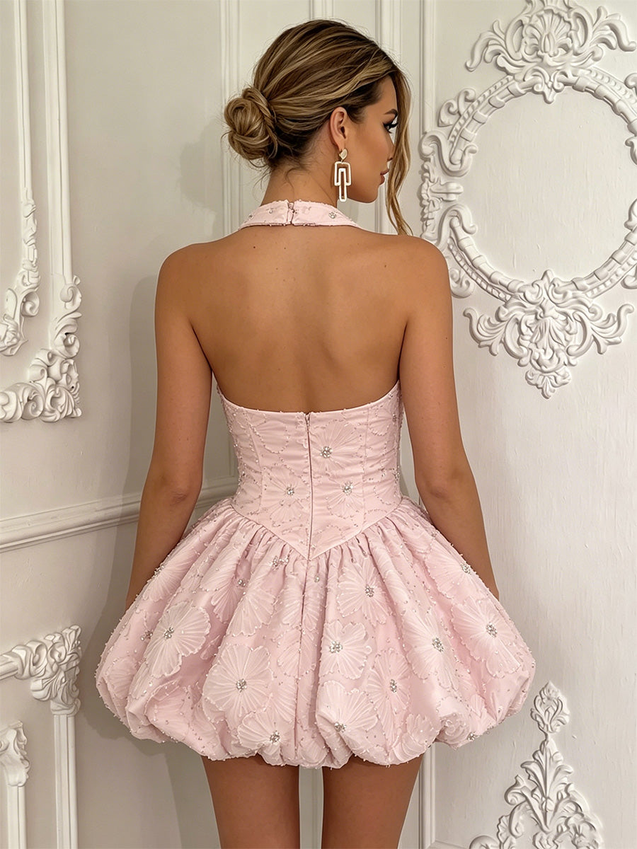 Satin A-Line/Princess Halter Short Homecoming Dresses with 3D Flowers