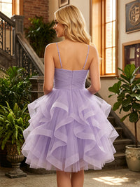 Tulle A-Line/Princess Spaghetti Straps Short Homecoming Dresses with Ruffles & Pleats