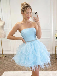 Tulle A-Line/Princess Strapless Short Homecoming Dresses with Pleats & Ruffles