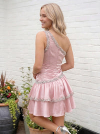 Satin A-Line/Princess One Shoulder Short Homecoming Dresses with Sequin & Ruffles