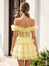 Tulle A-Line/Princess Off Shoulder Short Homecoming Dresses with Ruffles & Corset