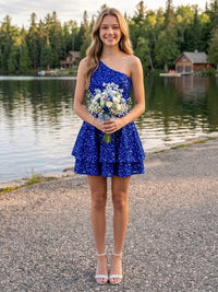 Sequin A-Line/Princess One Shoulder Short Homecoming Dresses with Ruffles