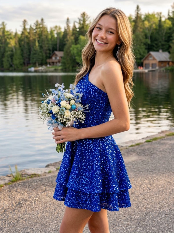 Sequin A-Line/Princess One Shoulder Short Homecoming Dresses with Ruffles
