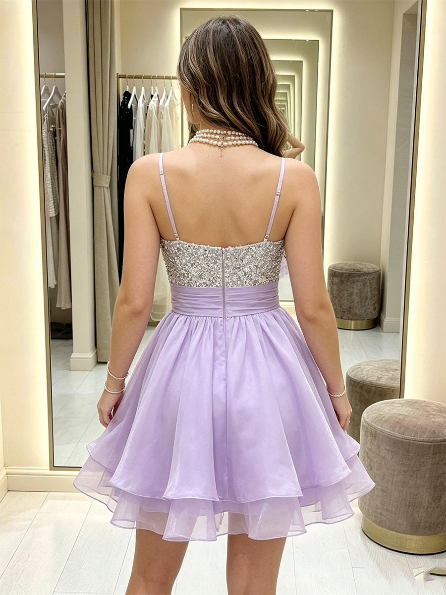 Tulle A-Line/Princess Spaghetti Straps Short Homecoming Dresses with Sequin & Ruffles