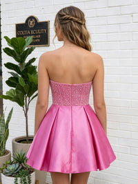 Satin A-Line/Princess Strapless Short Homecoming Dresses with Cut-out, Pleats & Beaded