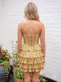 Metallic Satin A-Line/Princess Strapless Short Homecoming Dresses with Ruffles & Cut-out