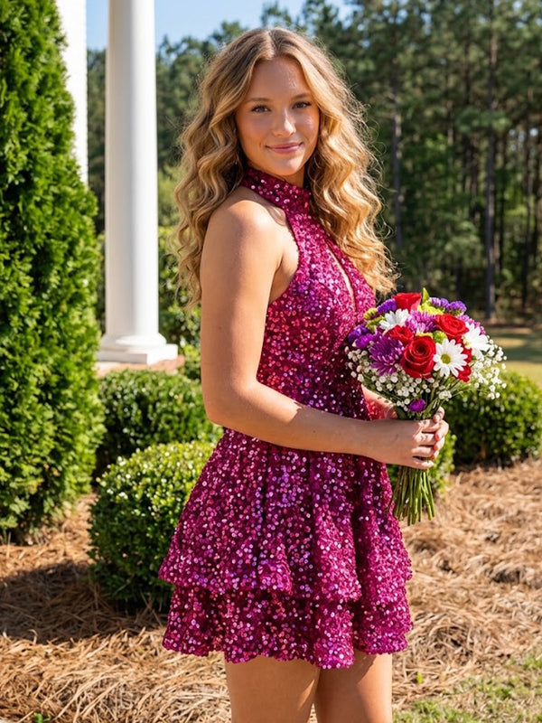 Sequin A-Line/Princess Halter Short Homecoming Dresses with Ruffles & Cut-out