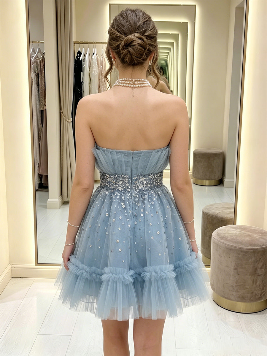 Tulle A-Line/Princess Strapless Short Homecoming Dresses with Sequin