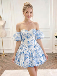 Floral Print A-Line/Princess Off Shoulder Short Homecoming Dresses with Ruched Bodice