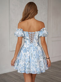 Floral Print A-Line/Princess Off Shoulder Short Homecoming Dresses with Pleats