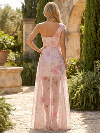 Sequin Floral A-Line/Princess One Shoulder Floor-Length Homecoming Dresses with Ruffles & Pleats