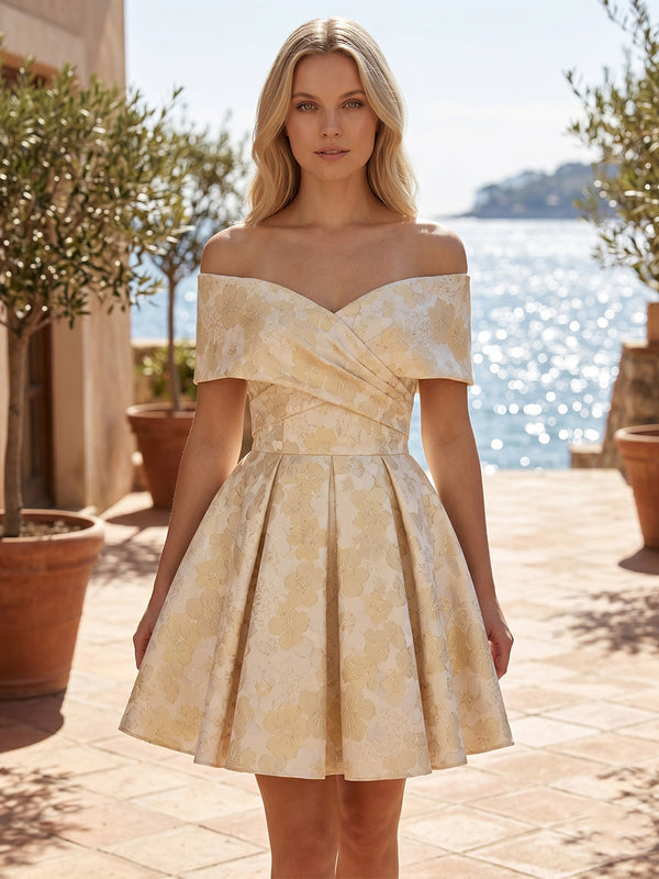 Jacquard A-Line/Princess Off Shoulder Short Homecoming Dresses with Pleats