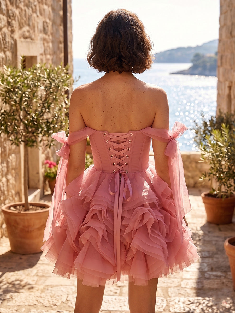 Tulle A-Line/Princess Off Shoulder Short Homecoming Dresses with Ruffles, Bow & Corset