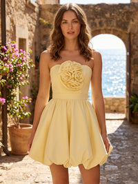 Stretch Jersey A-Line/Princess Strapless Short Homecoming Dresses with 3D Flowers & Bubble Hem