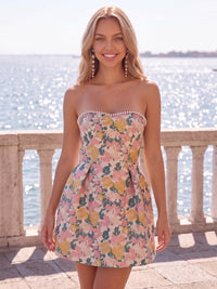 Jacquard A-Line/Princess Strapless Mini Homecoming Dresses with Bow & Pearls